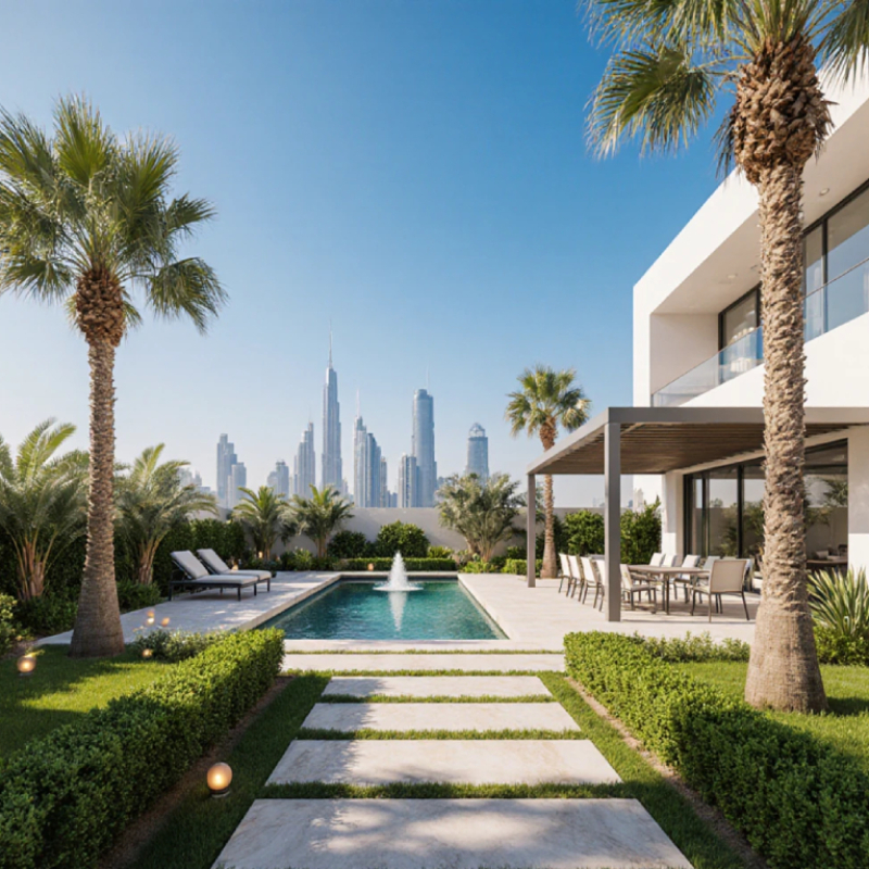 A luxurious modern villa in Dubai featuring a landscaped garden, palm trees, a central pool fountain, and skyline views — showcasing Fardo’s outdoor renovation expertise.