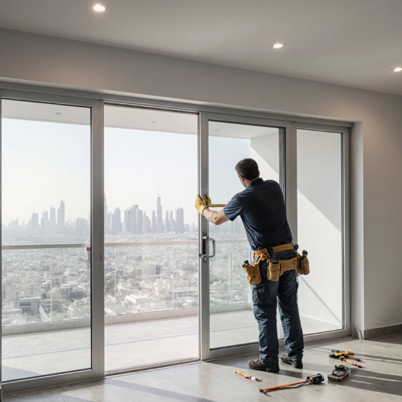 A skilled worker installing a large glass sliding door in a modern Dubai apartment with panoramic skyline views, construction tools nearby, and natural daylight illuminating the space.