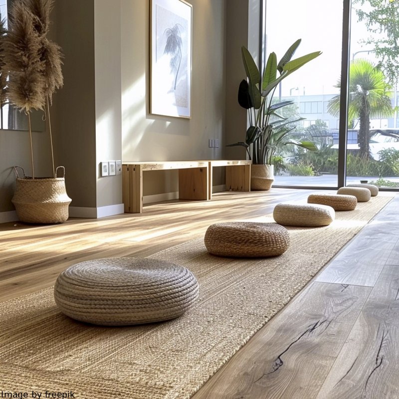 A serene, minimalist meditation room with woven floor cushions, wooden flooring, natural light, and indoor plants — designed for relaxation and mindfulness.