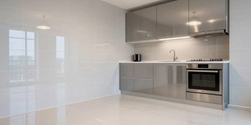 A sleek Dubai apartment kitchen with glossy ceramic tile flooring, gray cabinets, and stainless steel appliances—showcasing durability and water resistance as part of the best flooring for Dubai apartments.