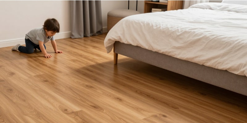 A cozy Dubai bedroom with warm-toned laminate flooring and a child crawling on the floor—highlighting comfort and softness as key features of the best flooring for Dubai apartments.