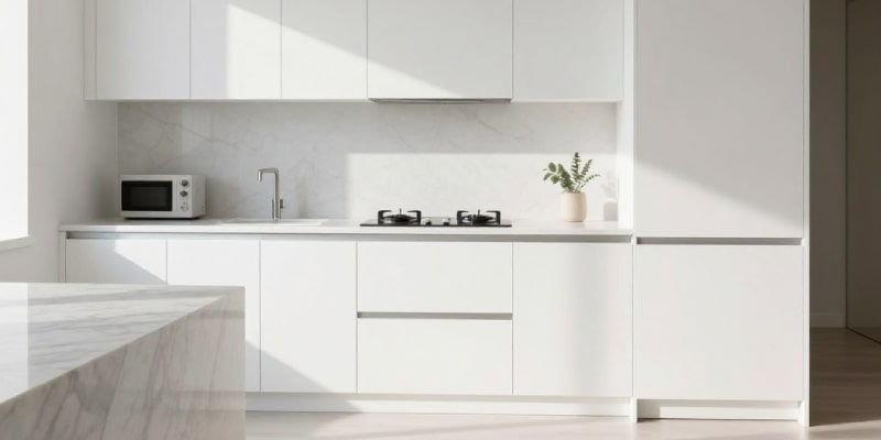 Modern Dubai kitchen with white MDF cabinets and marble countertop – Dubai kitchen cabinet materials