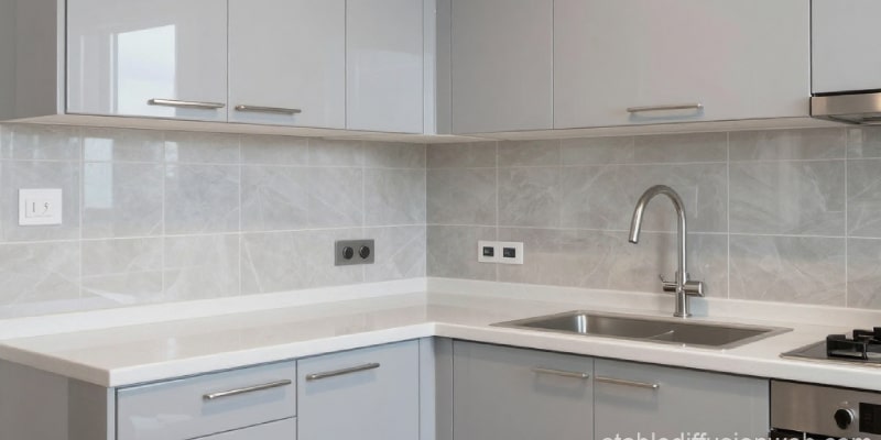 alt="Dubai kitchen with light gray PVC cabinets and marble backsplash – Dubai kitchen cabinet materials