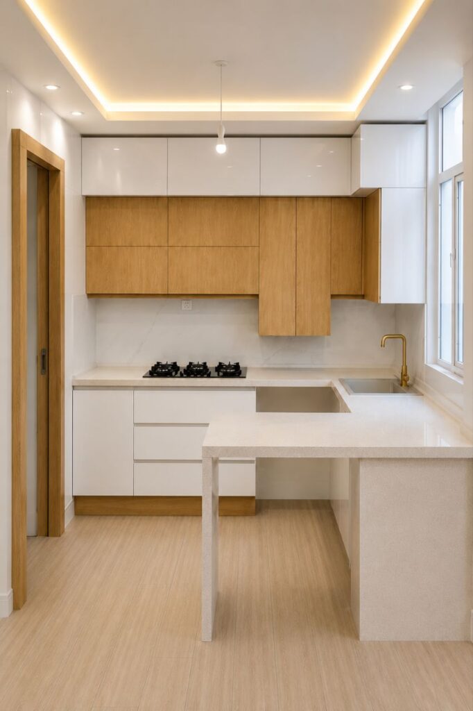 A minimalist kitchen renovated by Fardo Technical Services featuring natural wood and glossy white cabinets, quartz countertops, and a modern breakfast bar.