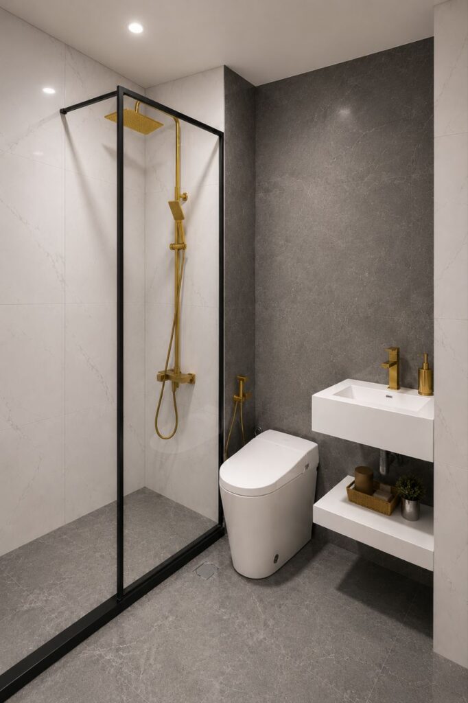 A complete luxury bathroom by Fardo Technical Services with a black-framed glass walk-in shower, grey stone-look tiling, and a modern floating vanity.