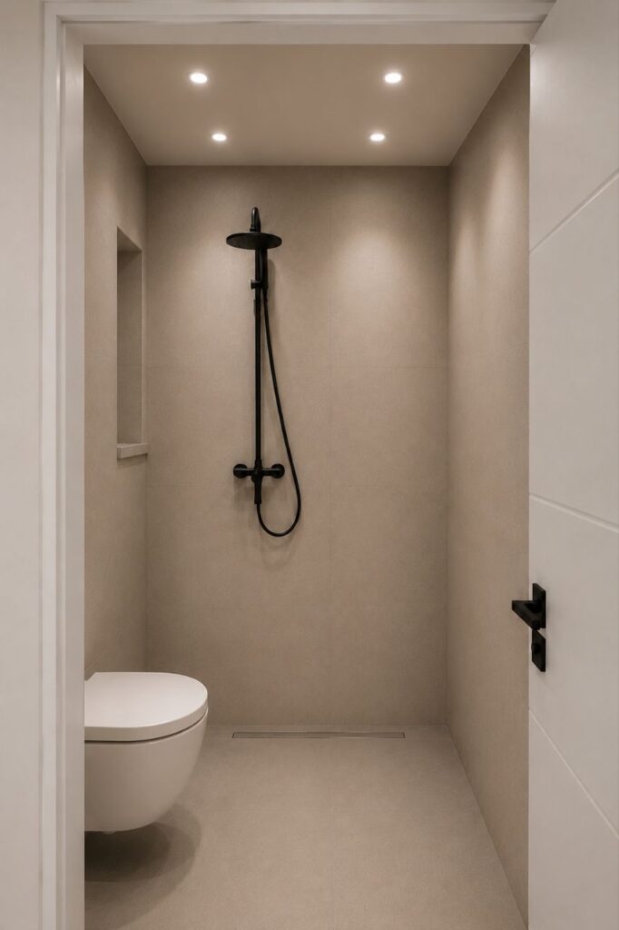 A minimalist shower area featuring seamless beige tiling, concealed plumbing, a modern matte black shower column, and a linear floor drain.
